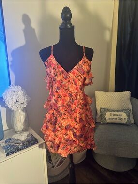 Lovers + Friends Orange Floral Ruffle Mini Dress